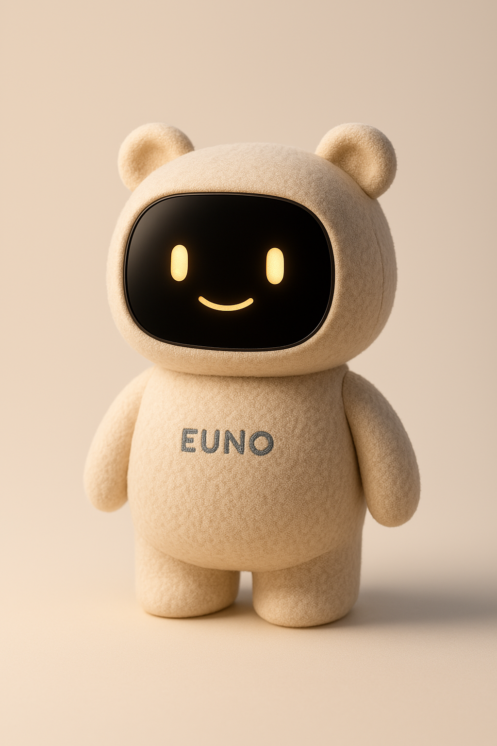 Euno en peluche beige, debout, avec son écran-visage souriant.
