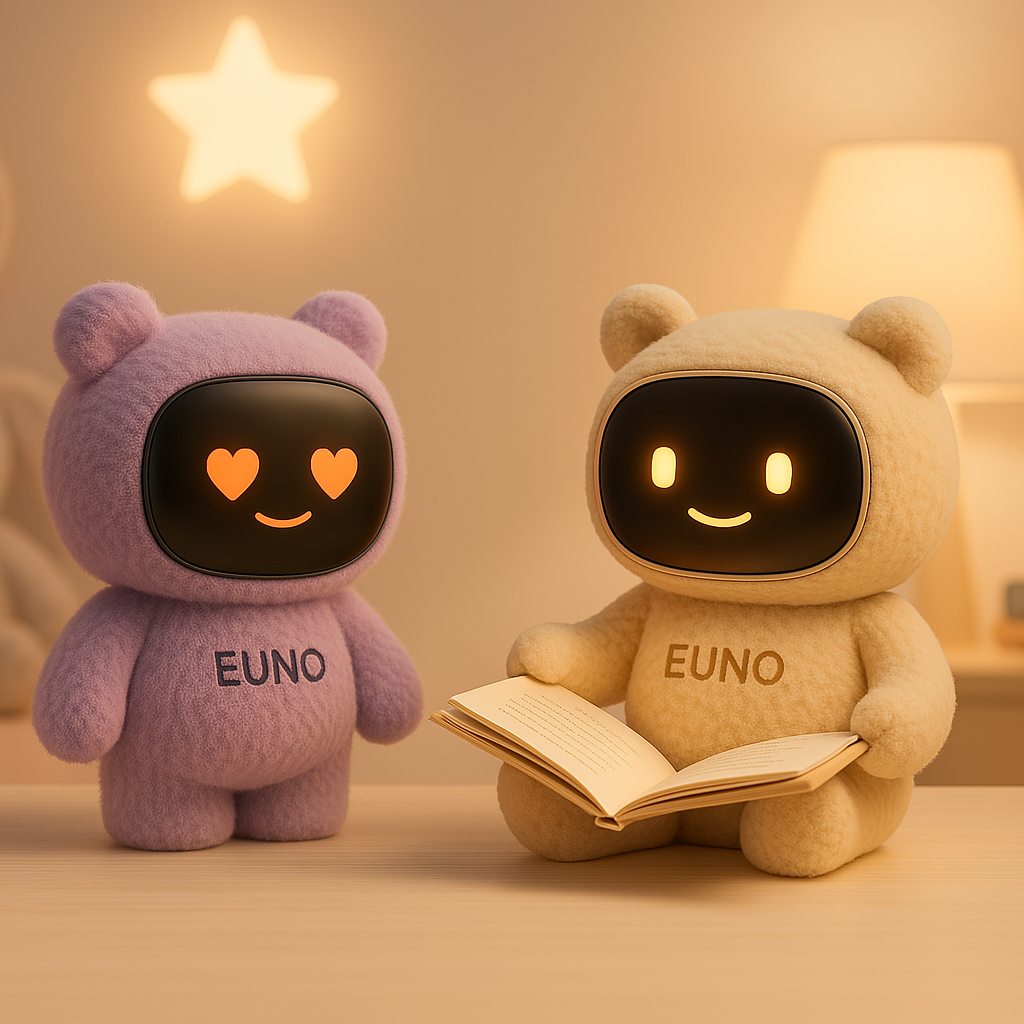 Deux robots Euno en peluche, l’un violet aux yeux en cœur, l’autre crème qui lit un livre, dans une chambre à la lumière douce.
