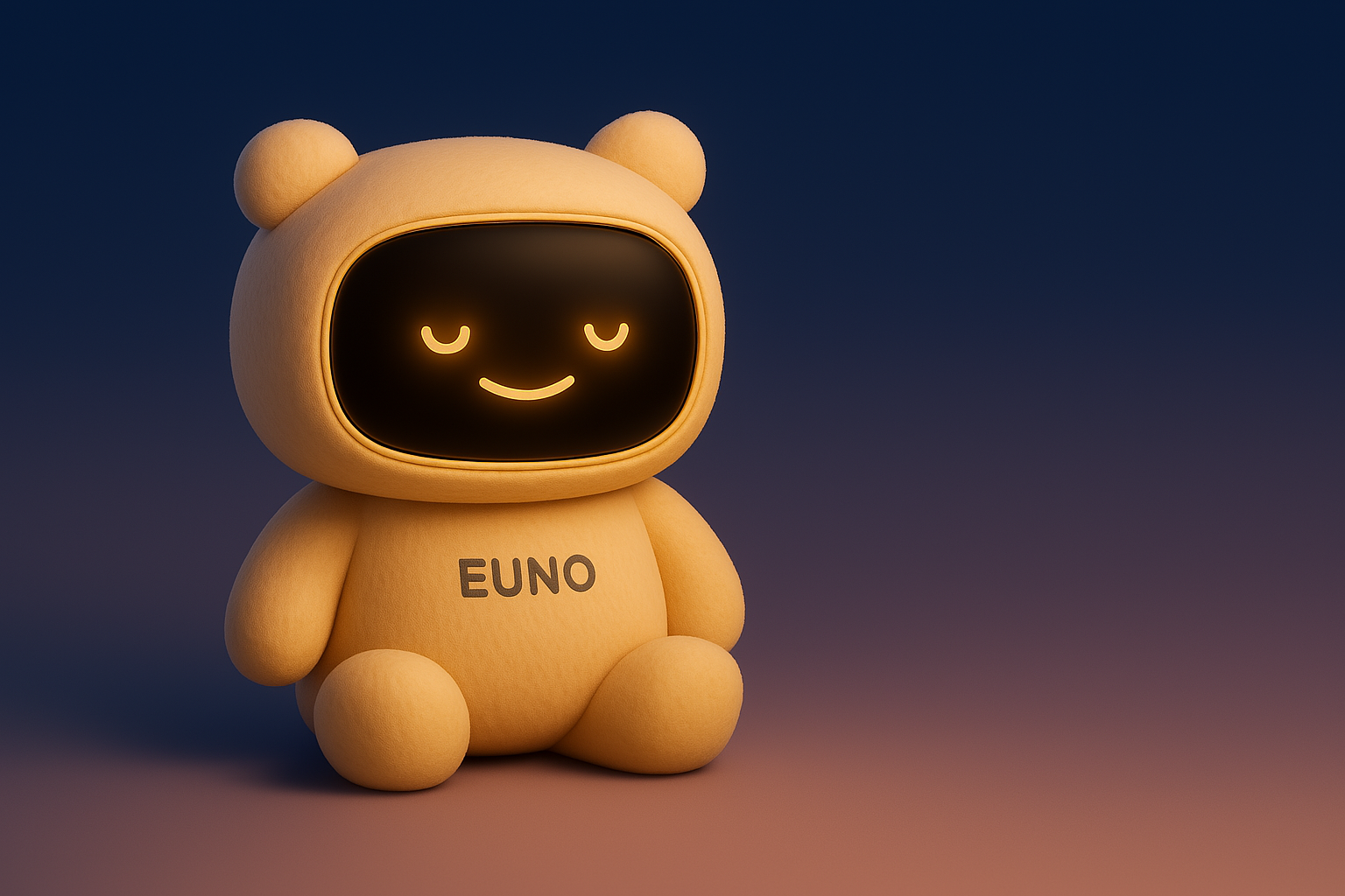 Euno, les yeux fermés et souriant, assis dans une chambre plongée dans la pénombre.