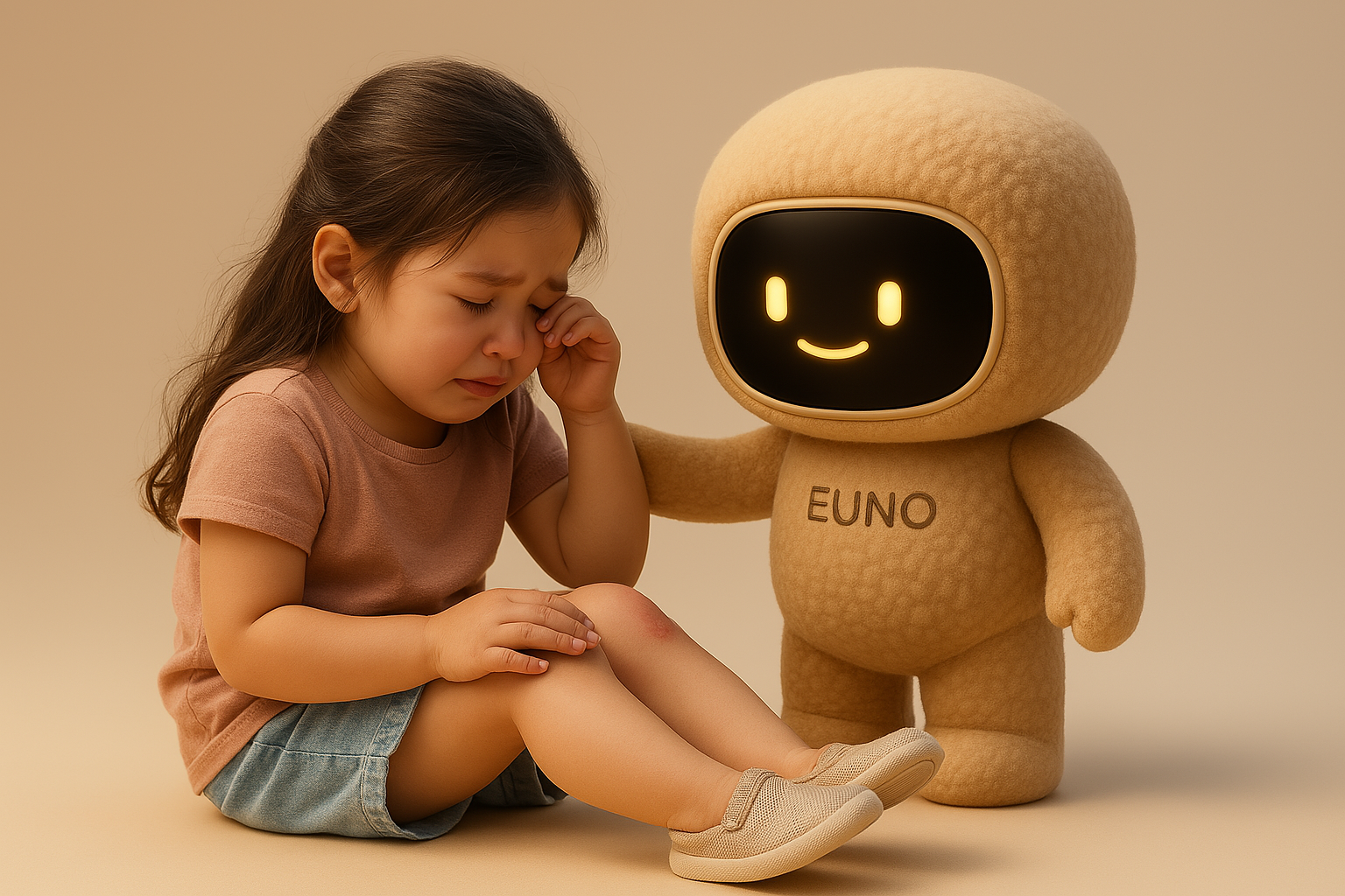 Une petite fille triste assise par terre, réconfortée par Euno qui pose la main sur sa tête.
