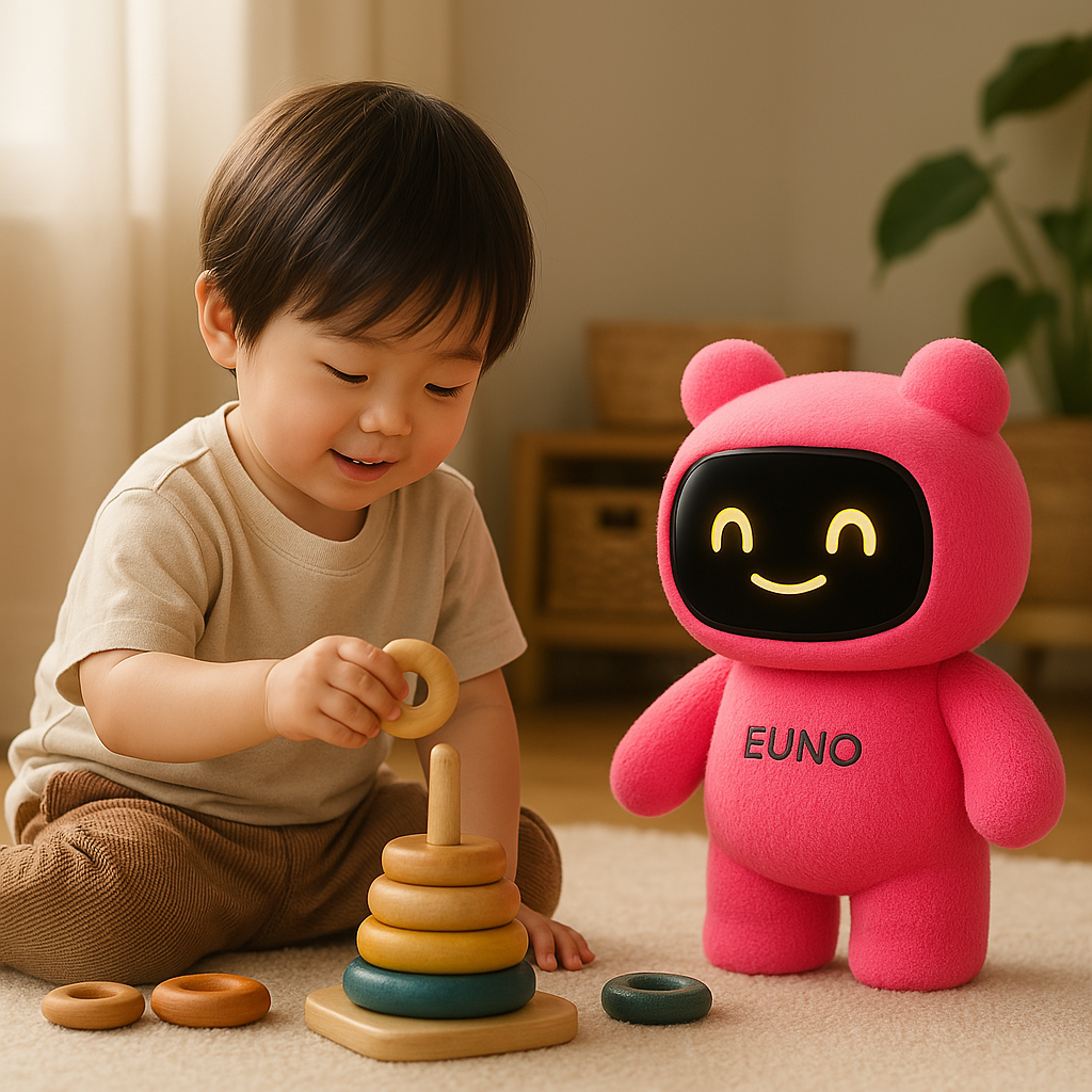 Un bambin joue avec un Euno rose.