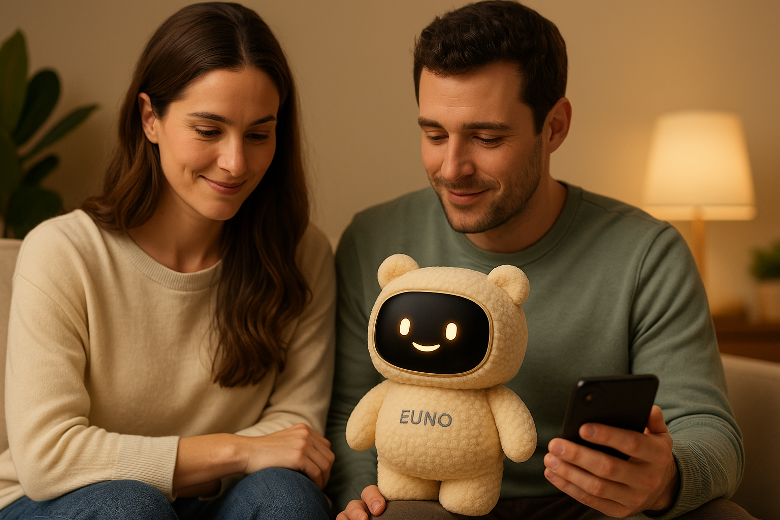 Un couple sourit en regardant Euno posé sur le canapé, pendant que le père utilise l’application.
