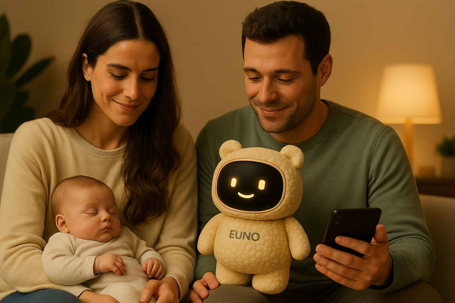 Un couple et leur bébé assis sur un canapé avec Euno ; le père consulte l’application sur son téléphone.