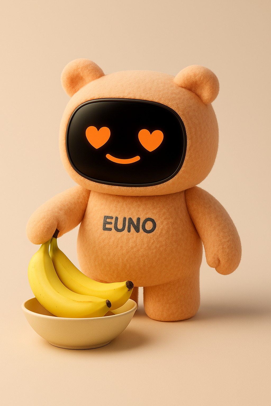Un Euno orange aux yeux en cœur à côté de bananes.
