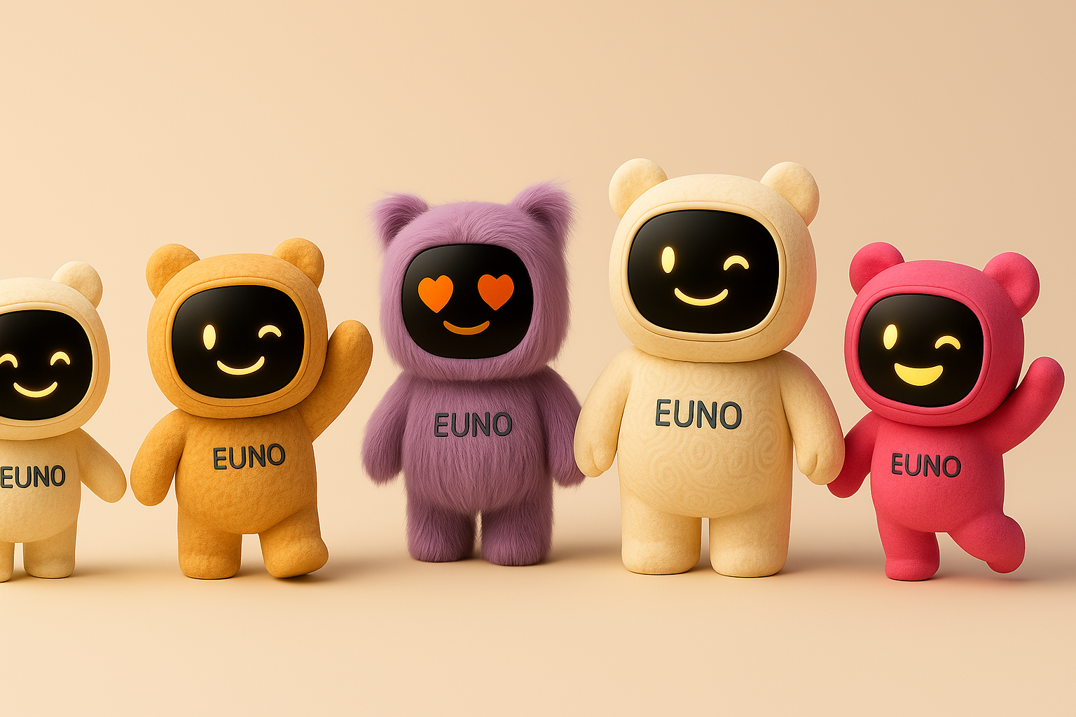 Quatre robots Euno de couleurs différentes, alignés et souriants.